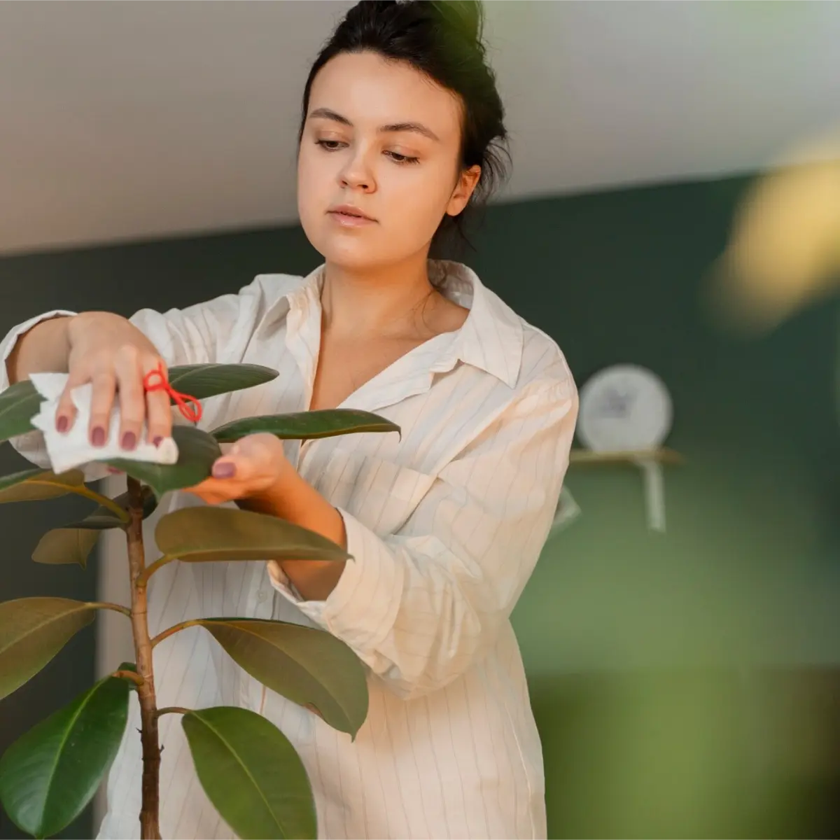 Young woman gently cleaning plant leaves during eco-friendly cleaning services in Burnaby