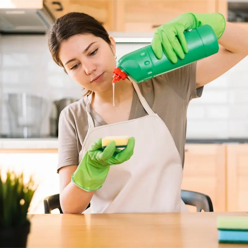 women professional using eco-friendly products during eco-friendly professional house cleaning services