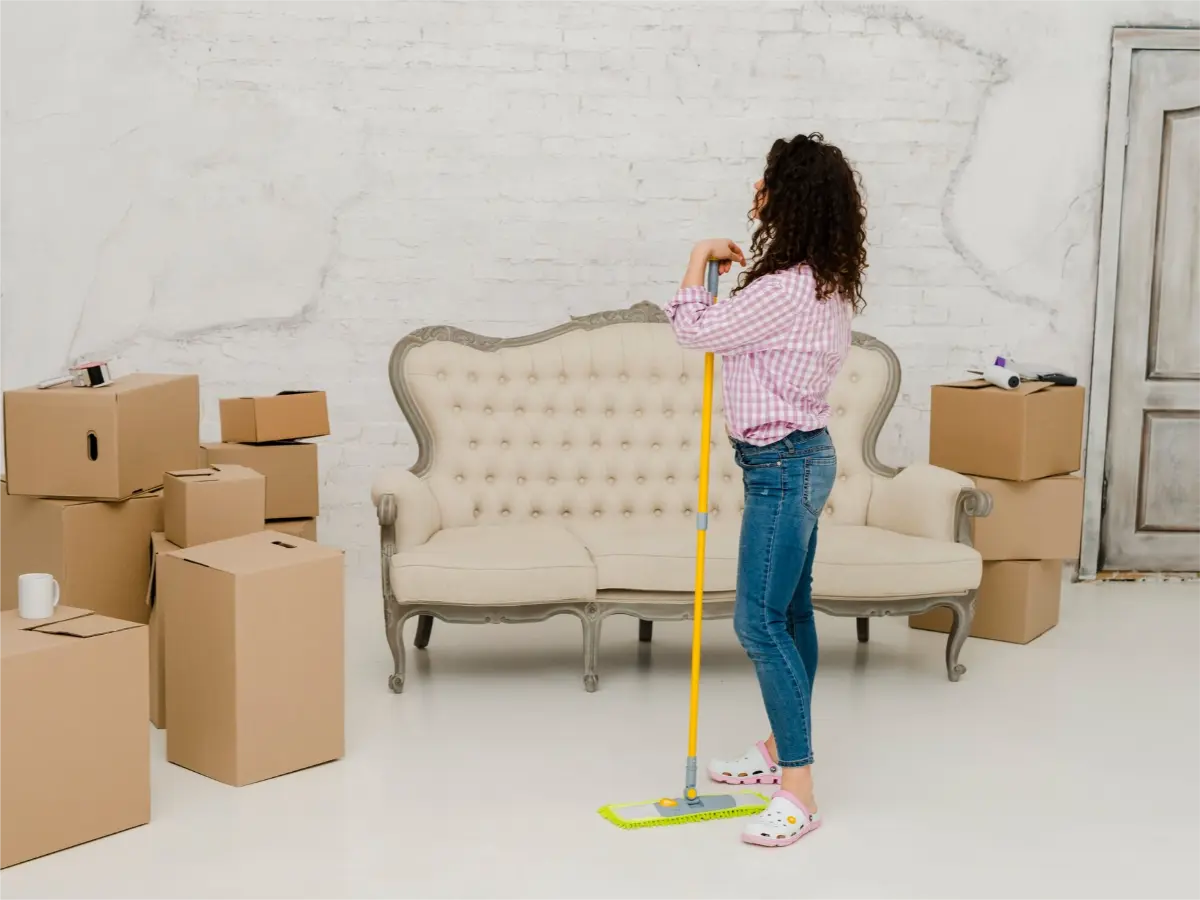 Woman standing with mop in a room preparing for cleaning