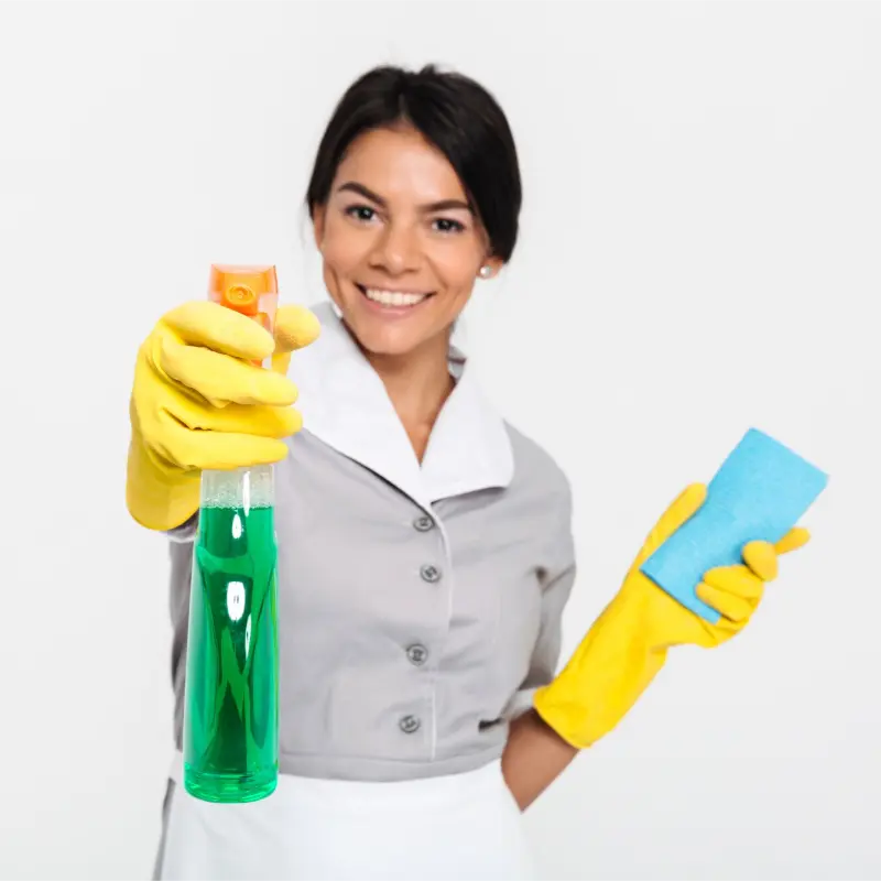 woman professional cleaner using eco-friendly products at home during eco-friendly professional house cleaning services