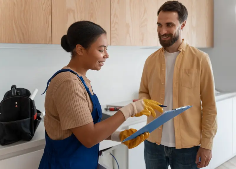 cleaning professional taking feedback from a satisfied client after completing a condo cleaning