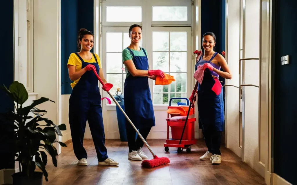 Happy cleaning professionals at work during a condo cleaning