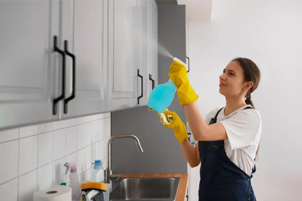female professional cleaner cleaning the kitchen cabinets during house cleaning for seniors