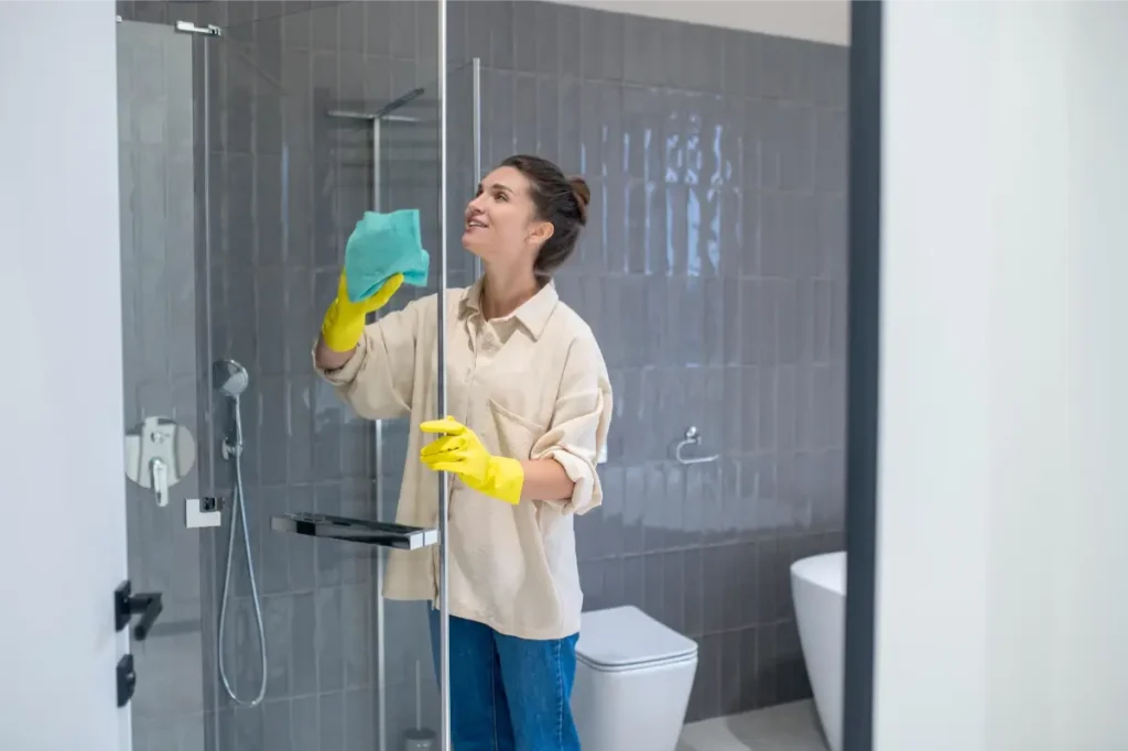 female professional cleaner cleaning the bathroom