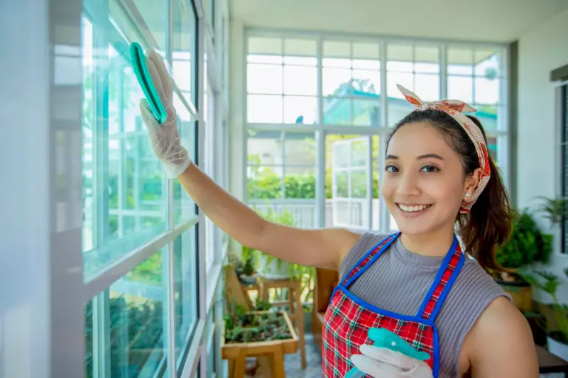 happy professional cleaner cleaning during professional house cleaning in Langley