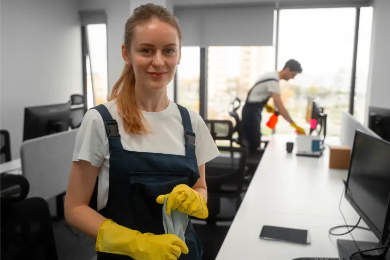 professional cleaners cleaning the desk and utensils