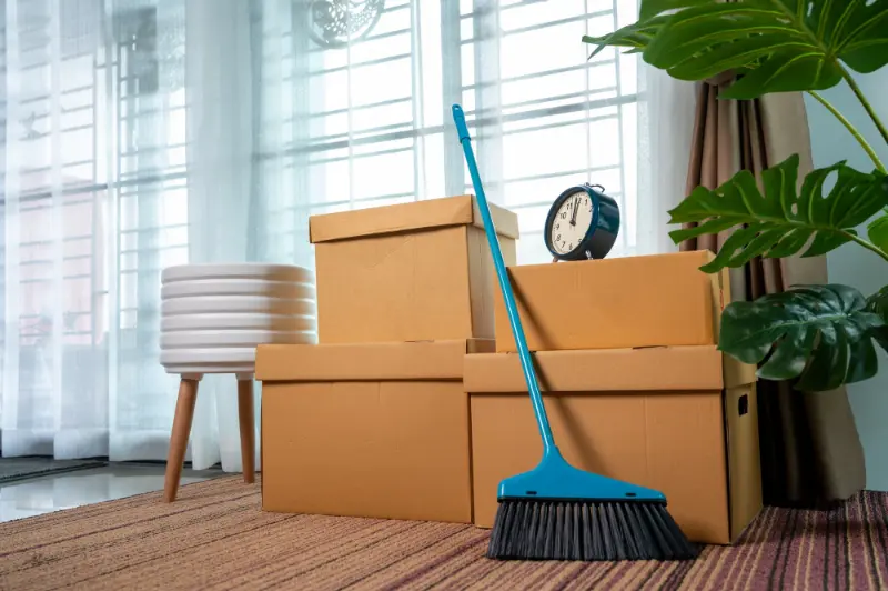 home interior with packed move-out boxes and cleaning supplies like a broom