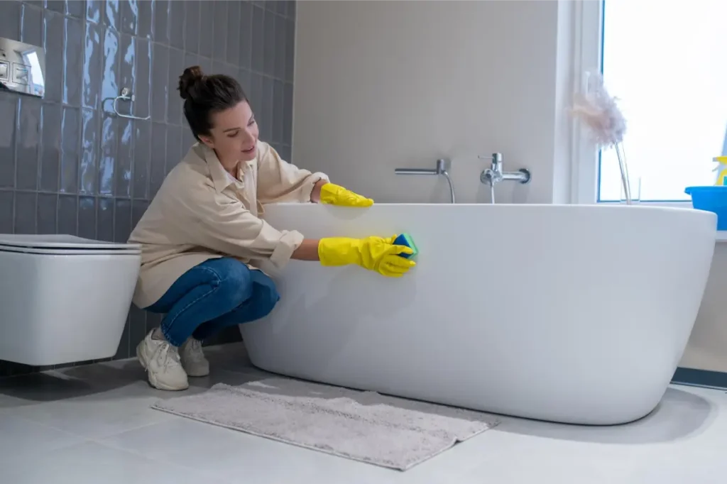 woman professional cleaner scrubbing the tub in bathroom