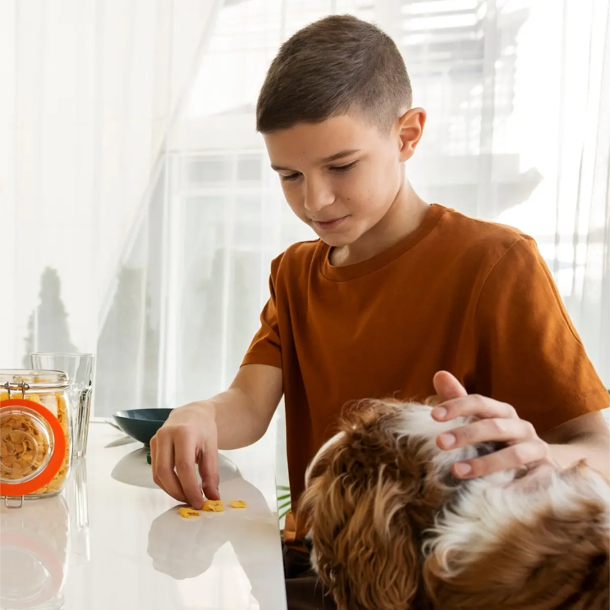 kid playing with their pet in a safely cleaned, eco-friendly home.