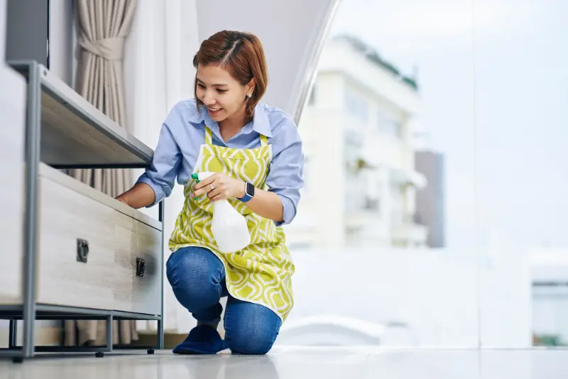 Woman cleaning the cabinets of living room during monthly house cleaning