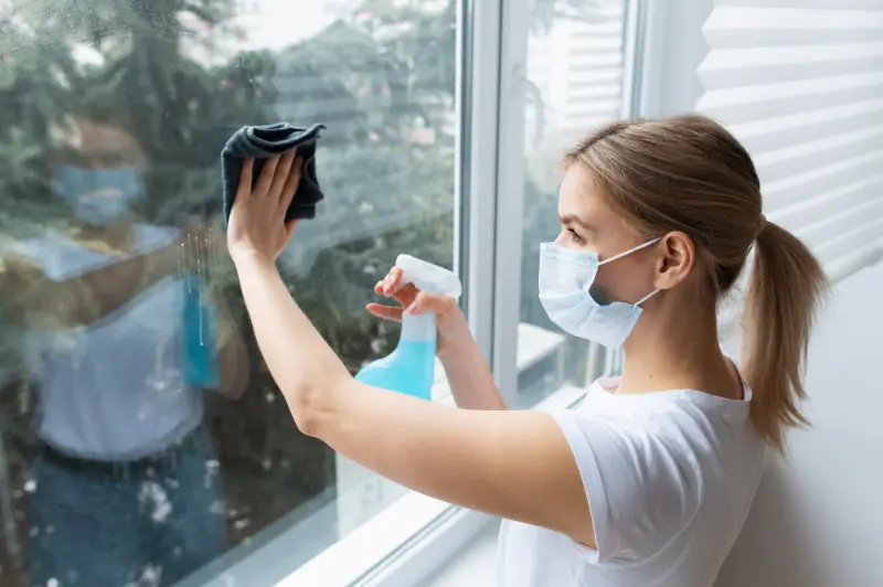 woman professional cleaner wiping the windows during spring cleaning