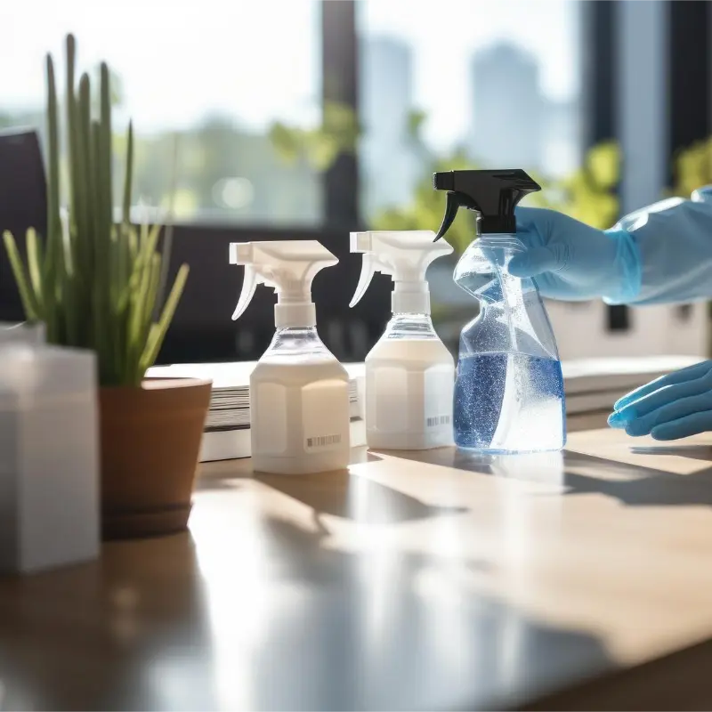 professional cleaner using eco-friendly cleaning spray on a desk during professional cleaning services in Kelowna