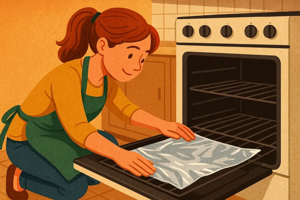 Young Girl Cleaning Gas Stove Oven Liners with Aluminum Foil
