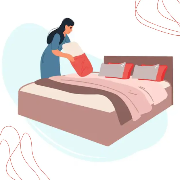Woman Cleaning Bed during Bedroom Cleaning