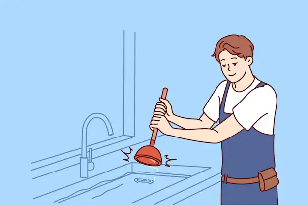 Man using plunger for unclogging kitchen sink drain