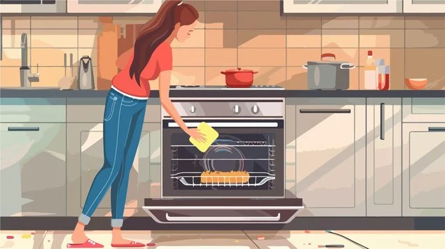 Woman Wiping down the glass of Gas Stove Oven
