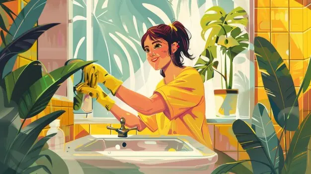 girl cleaning bathroom sink step by step