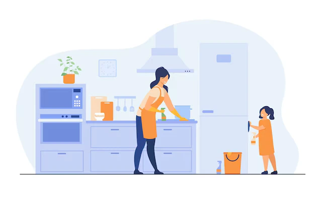 Illustration of Young Girl Helping Her Mother in House Cleaning in North Vancouver