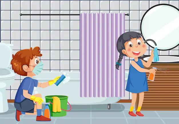 Kids cleaning bathroom at home