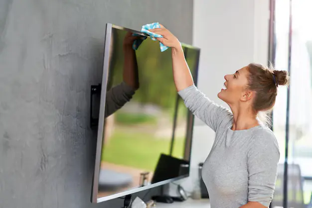 Woman cleaning LCD TV screen