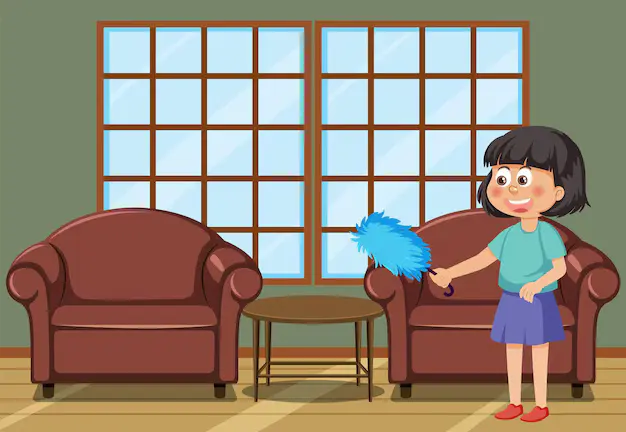 Little girl cleaning dusty upholstery 