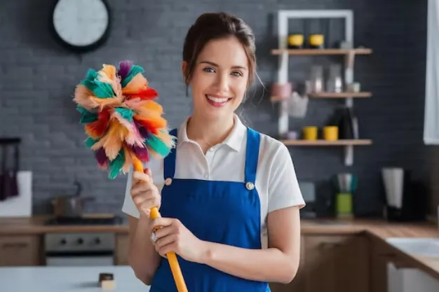 Young cheerful lady holding a cleaning duster in her hand during professional house cleaning services in Etobicoke