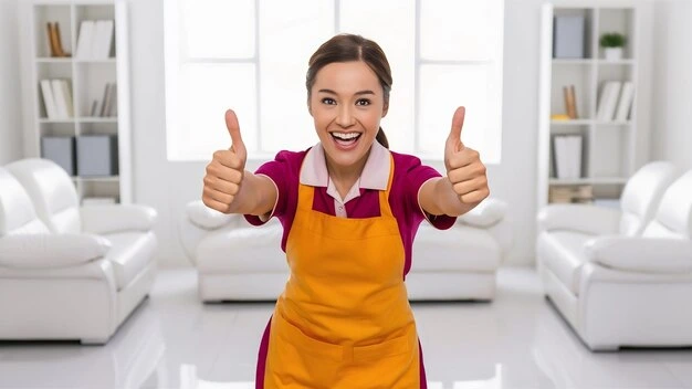 Happy young professional cleaner showing thumbs up after a thorough house cleaning services in Pickering