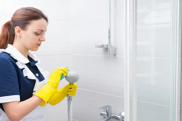 Young woman professional cleaning bathroom during deep house cleaning services in Pickering