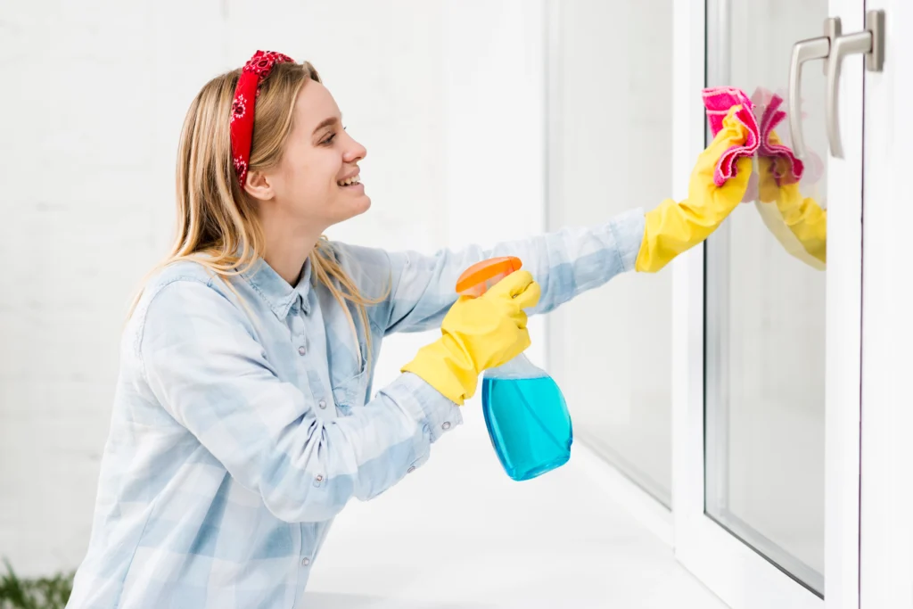A young female professional cleaning windows during house cleaning services in North York