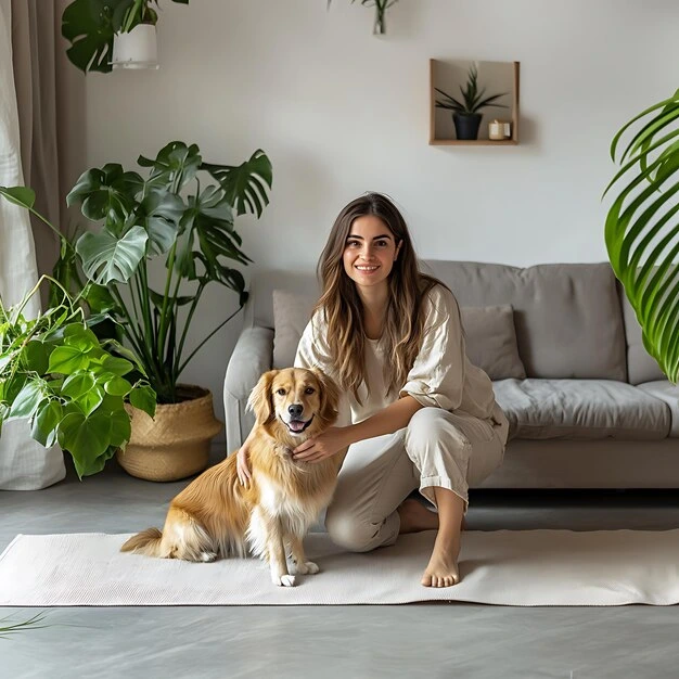Woman enjoying quality time together with her pet in a spotless living room after taking cleaning services in Ajax