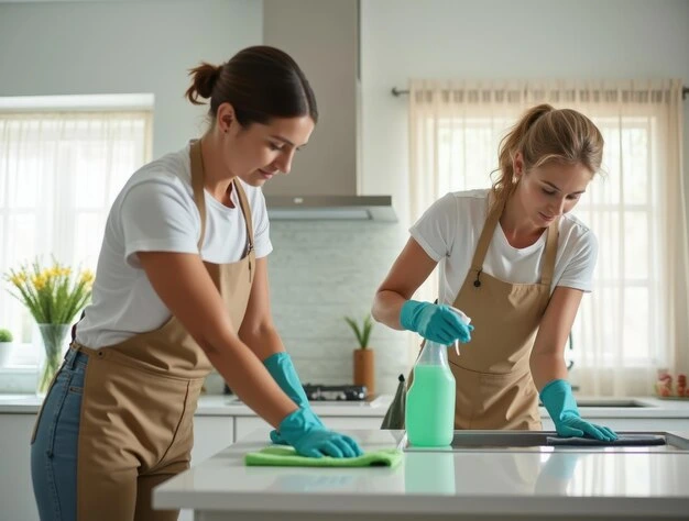Two young woman cleaner cleaning door during cleaning services in Markham