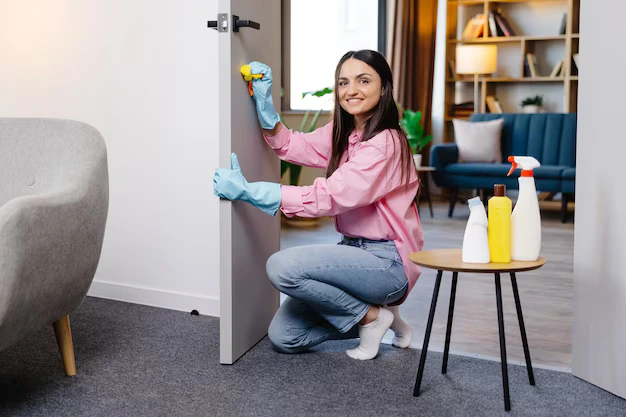 Young woman cleaner cleaning door during cleaning services in Vaughan