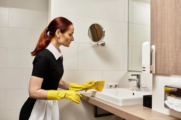 Young woman professional cleaner cleaning bathroom basin during house cleaning services in Pickering