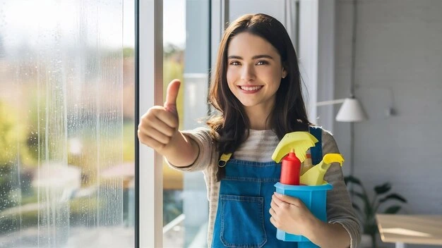 A young woman professional cleaner holding cleaning supplies for house cleaning services in Calgary