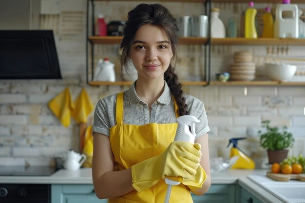 Young woman professional holding cleaning spray for house cleaning services in Oshawa