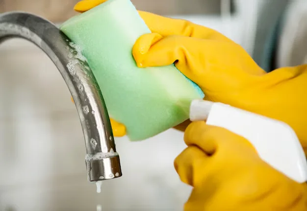 Young woman professional cleaner cleaning faucets during house cleaning services in Milton
