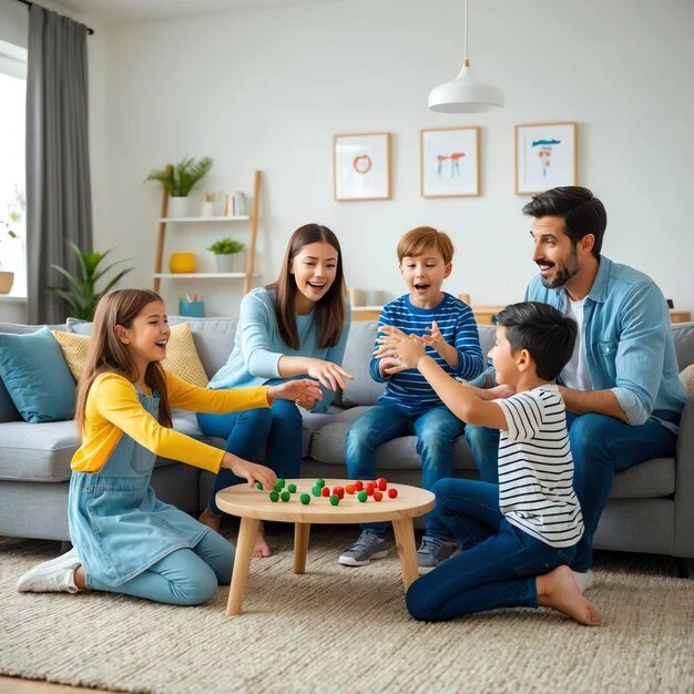 Happy family playing together in a spotless home after cleaning services in Mississauga and Brampton