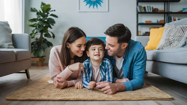 Happy family enjoying with kid at home after house cleaning services in Oakville