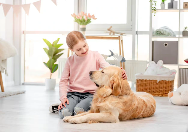 Kid playing with her pet in a spotless living room after taking cleaning services in Oakville