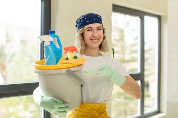 Happy woman cleaning professional holding cleaning supplies for cleaning services in Edmonton