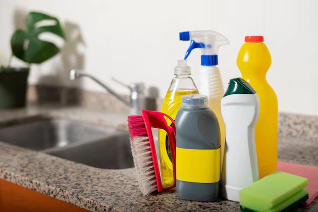 Cleaning supplies and tools used by professional house cleaner during house cleaning services in Oshawa