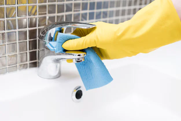 Woman cleaning bathroom faucets during professional house cleaning services in Whitby