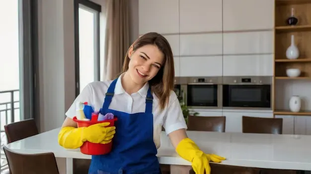 Happy young professional cleaner holding supplies to make your home spotless during house cleaning services in Hamilton and Burlington