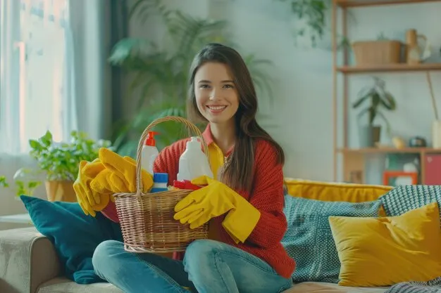 Happy young professional cleaner holding supplies to make your home spotless during house cleaning services in Milton