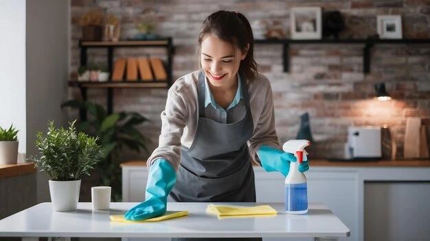 Young woman professional cleaner wiping off the table during house cleaning services in Whitby