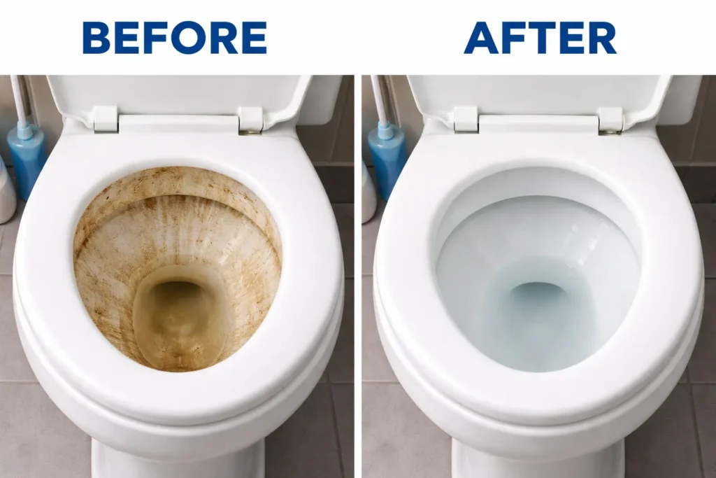 Before cleaning and after cleaning the toilet bowl
