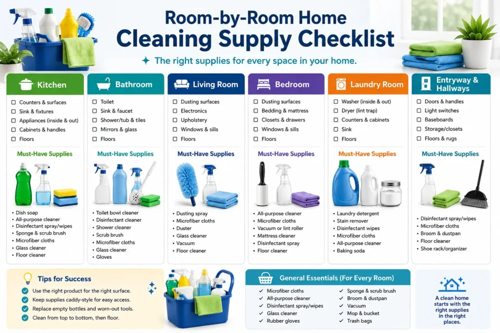 Room-by-Room Home Cleaning Supply Checklist