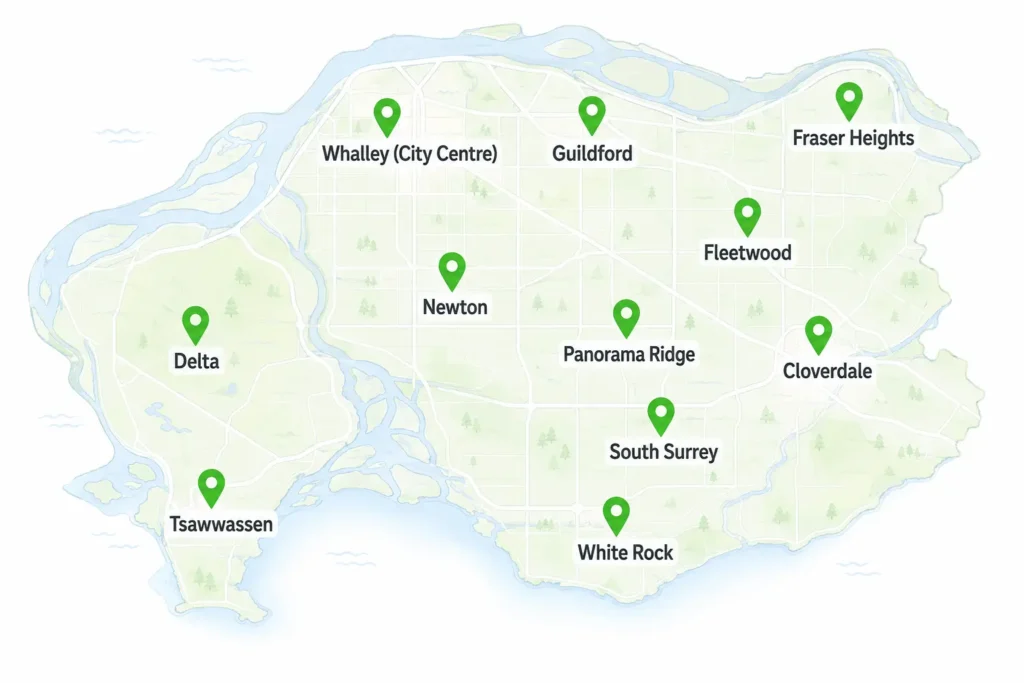 Map Showing Mesh Maids Serviceable areas in Surrey, Delta and White Rock