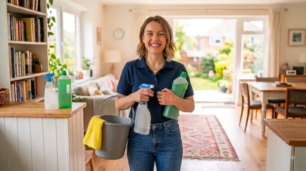 Female Mesh Maids cleaner holding cleaning supplies during house cleaning services in Vancouver
