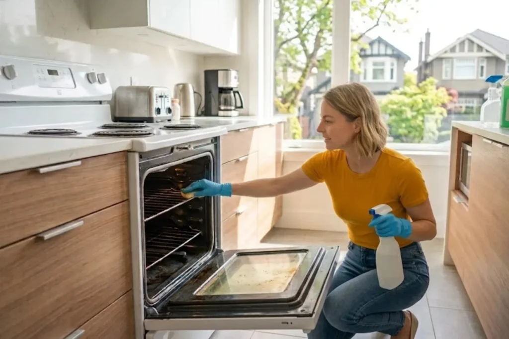 Mesh Maids female cleaner cleaning stovetop oven during deep cleaning services